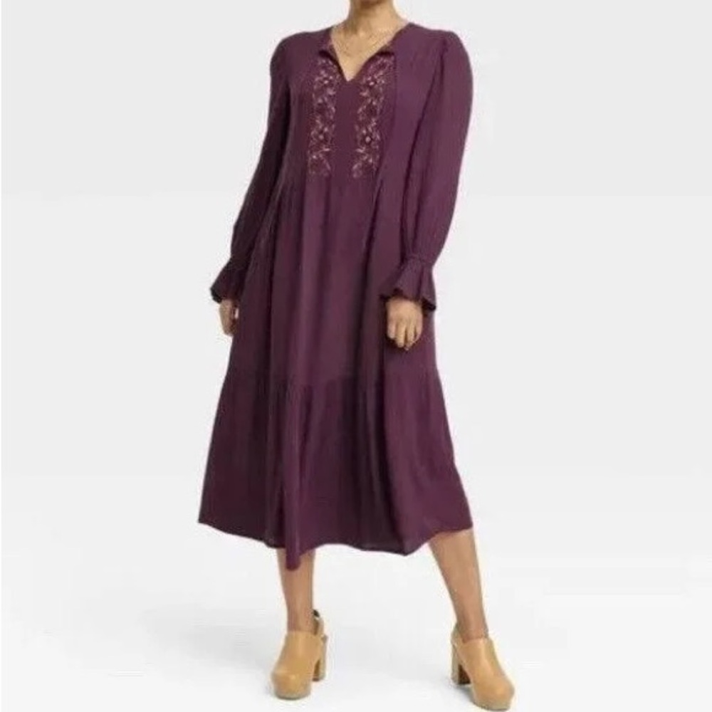 Knox Rose tiered balloon sleeve embroidered maxi dress deep plum  Bohemian
